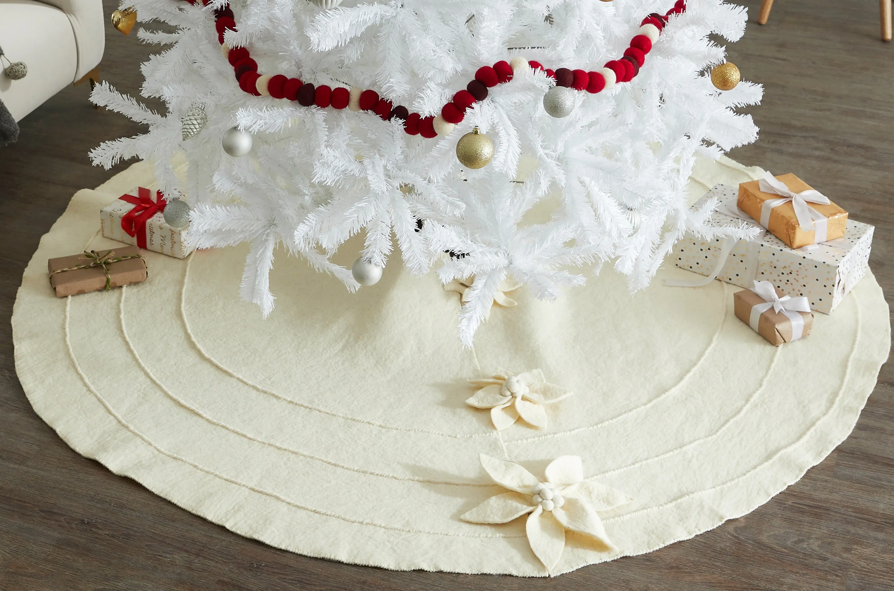 72" Cream Poinsettia Buttons Christmas Tree Skirt in Hand Felted Wool