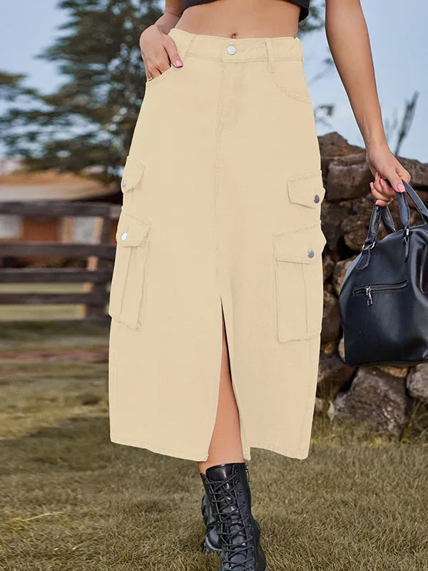 A-Line Loose Pockets Split-Front Split-Joint Denim Skirts