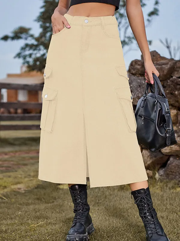 A-Line Loose Pockets Split-Front Split-Joint Denim Skirts