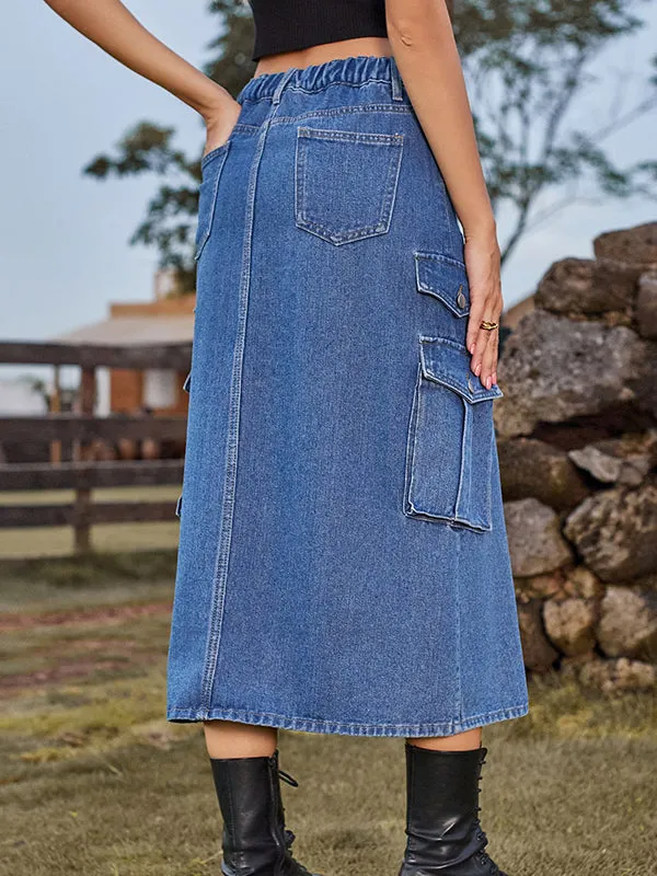 A-Line Loose Pockets Split-Front Split-Joint Denim Skirts