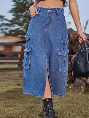 A-Line Loose Pockets Split-Front Split-Joint Denim Skirts