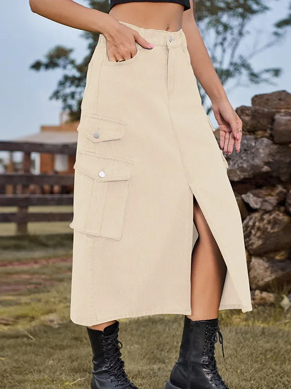 A-Line Loose Pockets Split-Front Split-Joint Denim Skirts