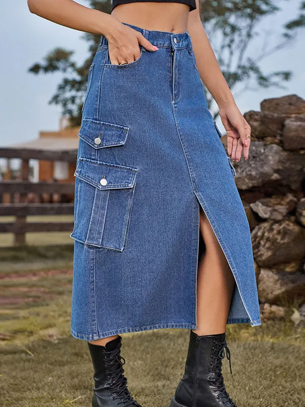 A-Line Loose Pockets Split-Front Split-Joint Denim Skirts