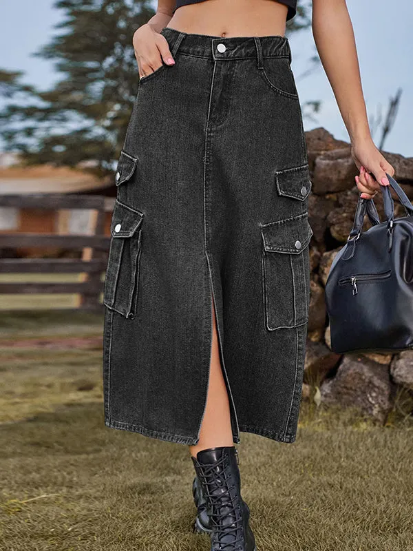 A-Line Loose Pockets Split-Front Split-Joint Denim Skirts