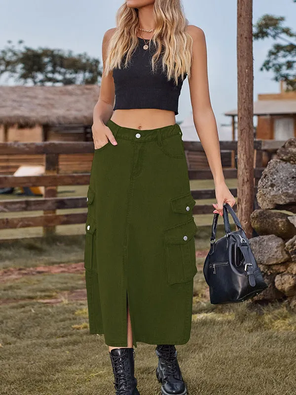 A-Line Loose Pockets Split-Front Split-Joint Denim Skirts