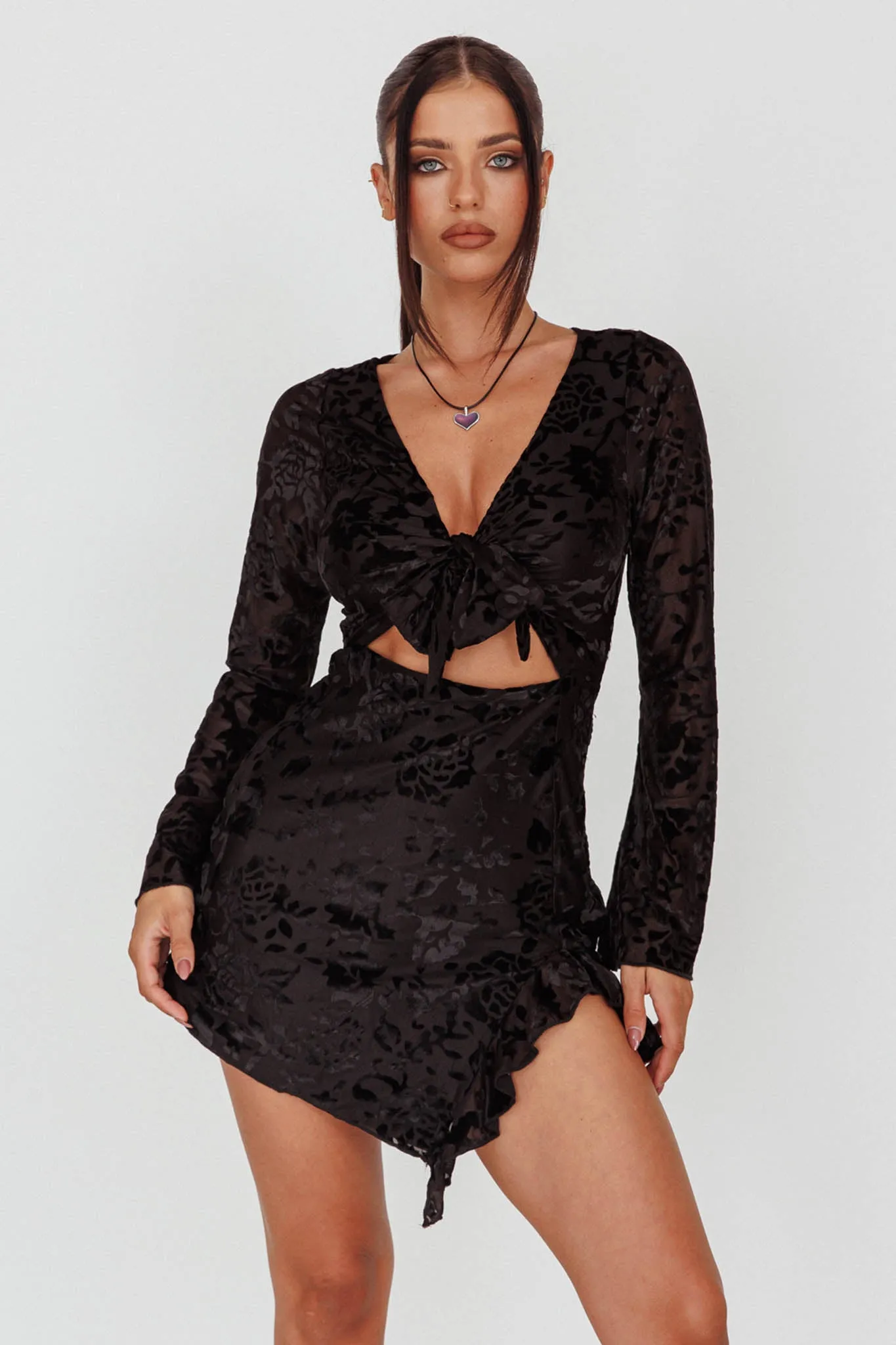 Adri Bust Tie Mini Dress Velvet Floral Black