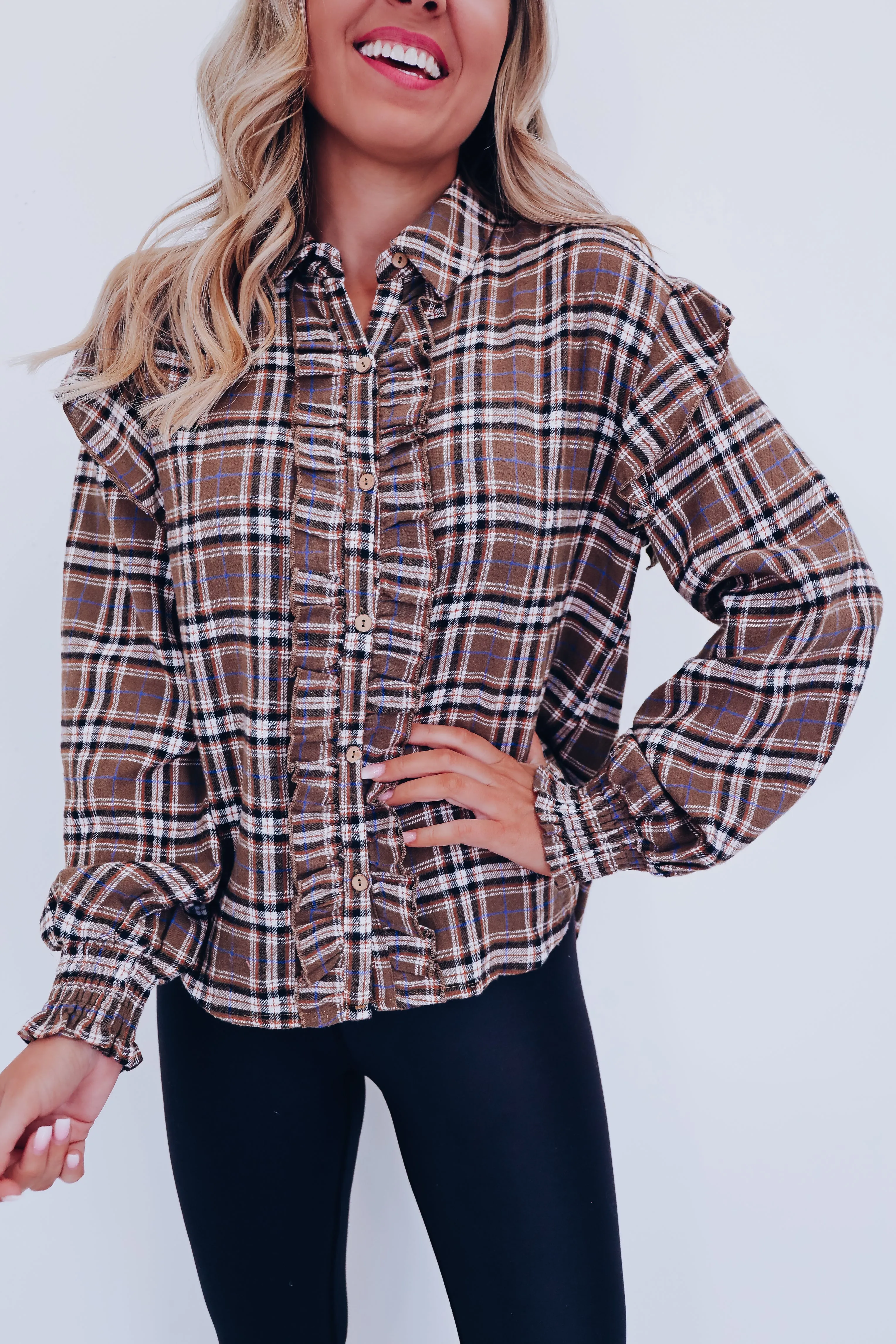 Annie Ruffle Trim Flannel Shirt - Dark Olive