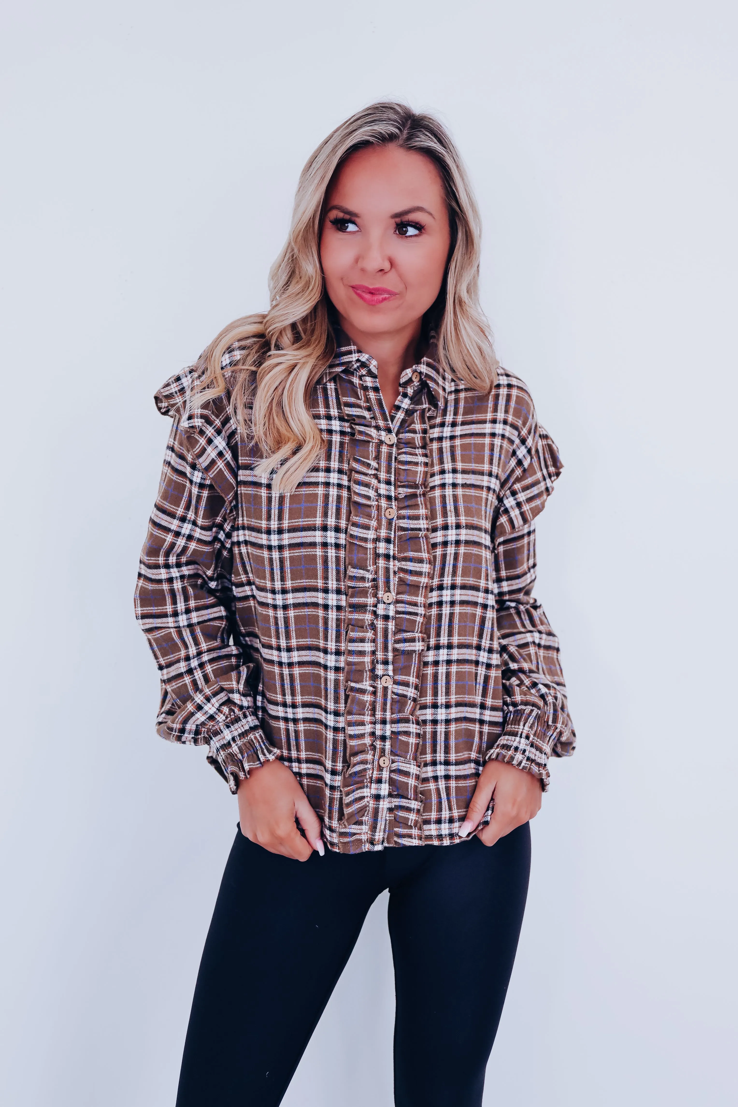 Annie Ruffle Trim Flannel Shirt - Dark Olive