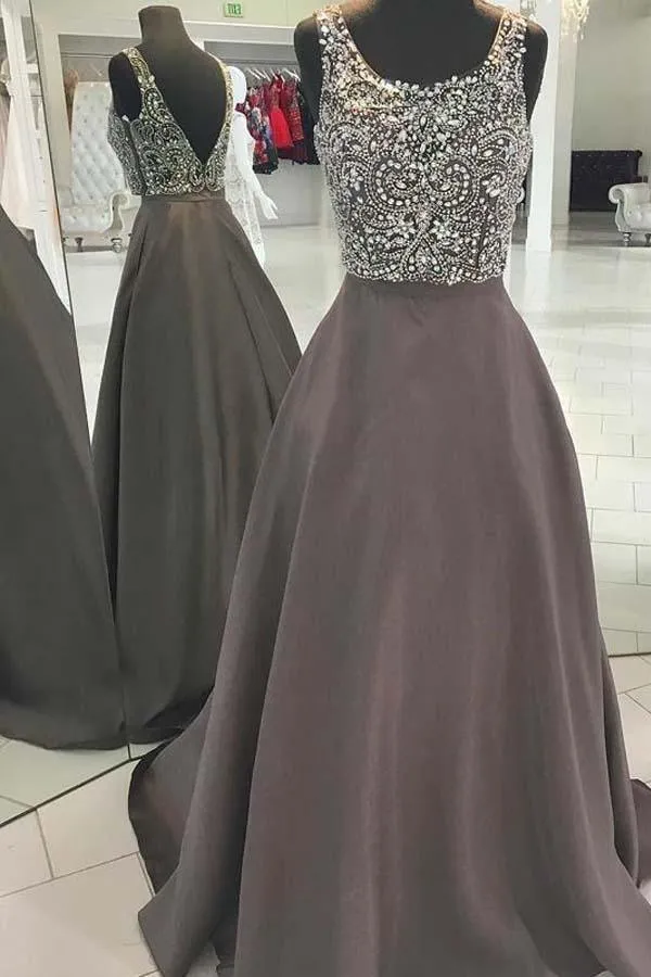 Backless Grey Beaded V Neck A-line Long Evening Prom Dresses  PG578