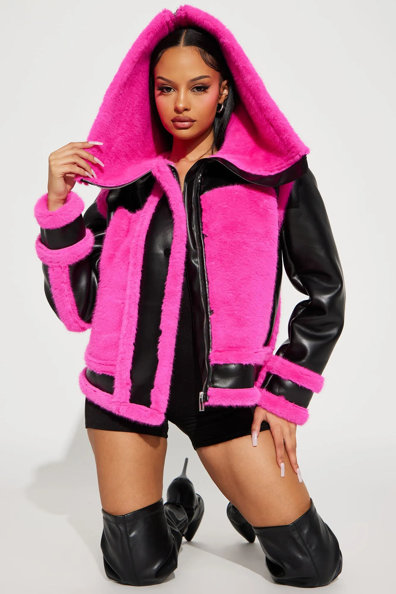 Be Fur Real Moto Jacket - Black/Pink