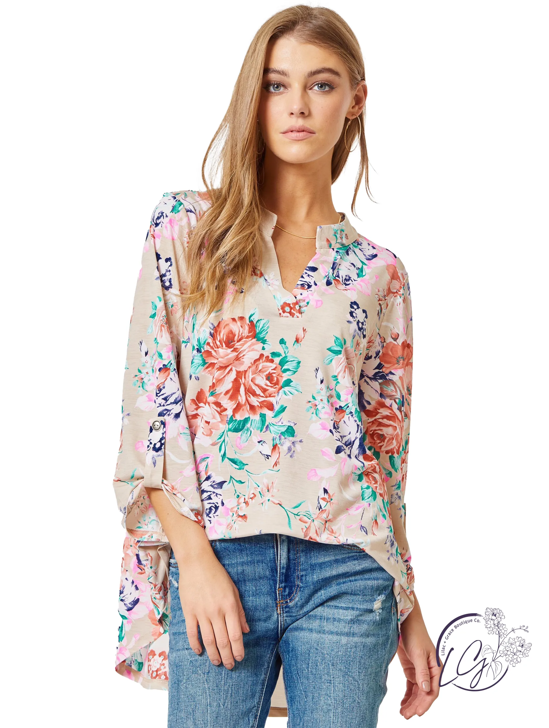 Beige Floral Lizzy 3/4 Sleeve Top