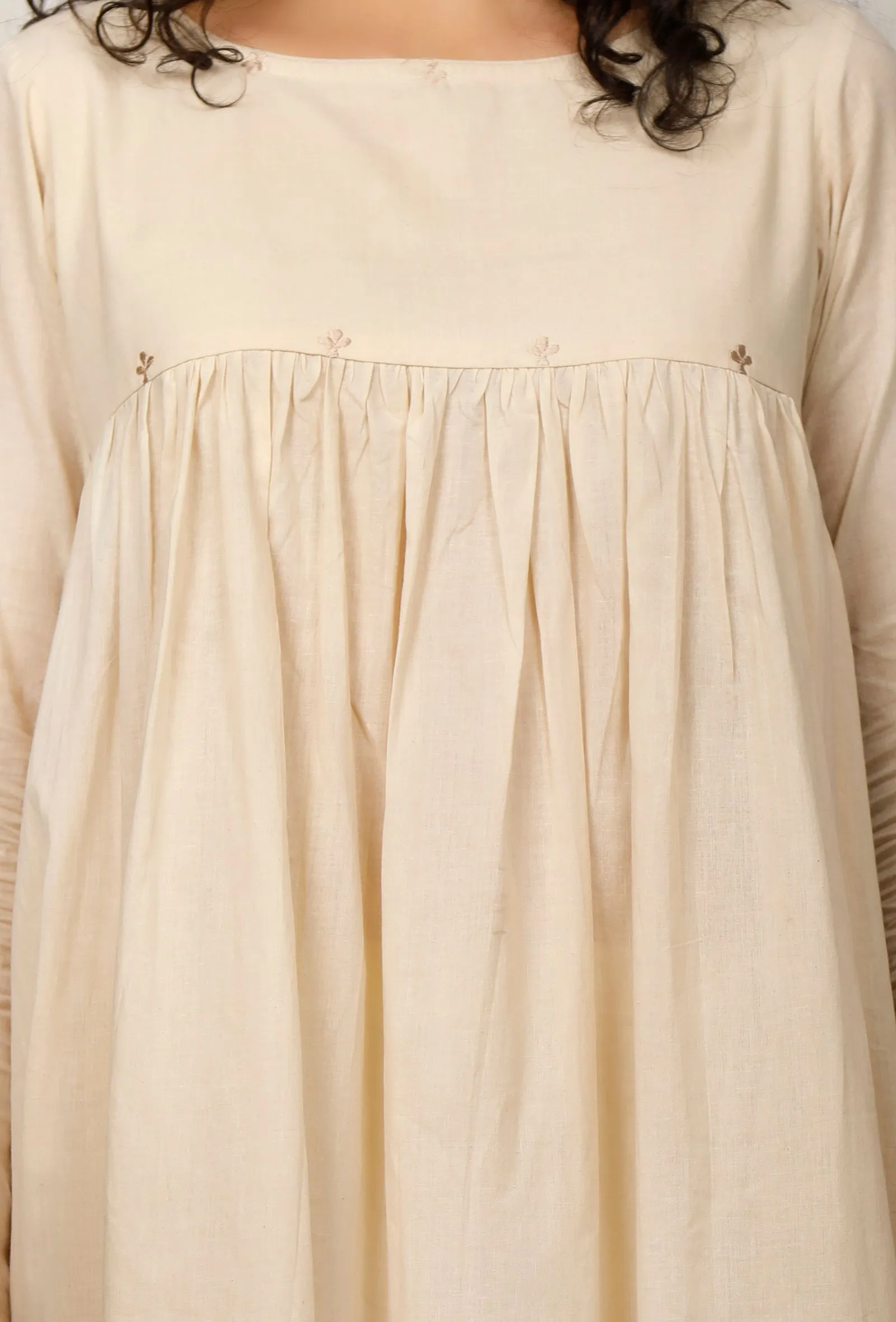 Beige Gathered Cotton Kurta