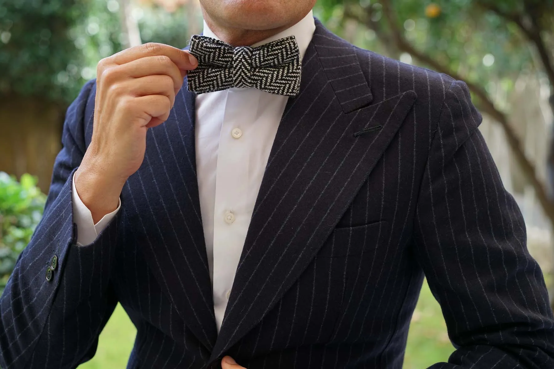 Black Chevron Wool Bow Tie