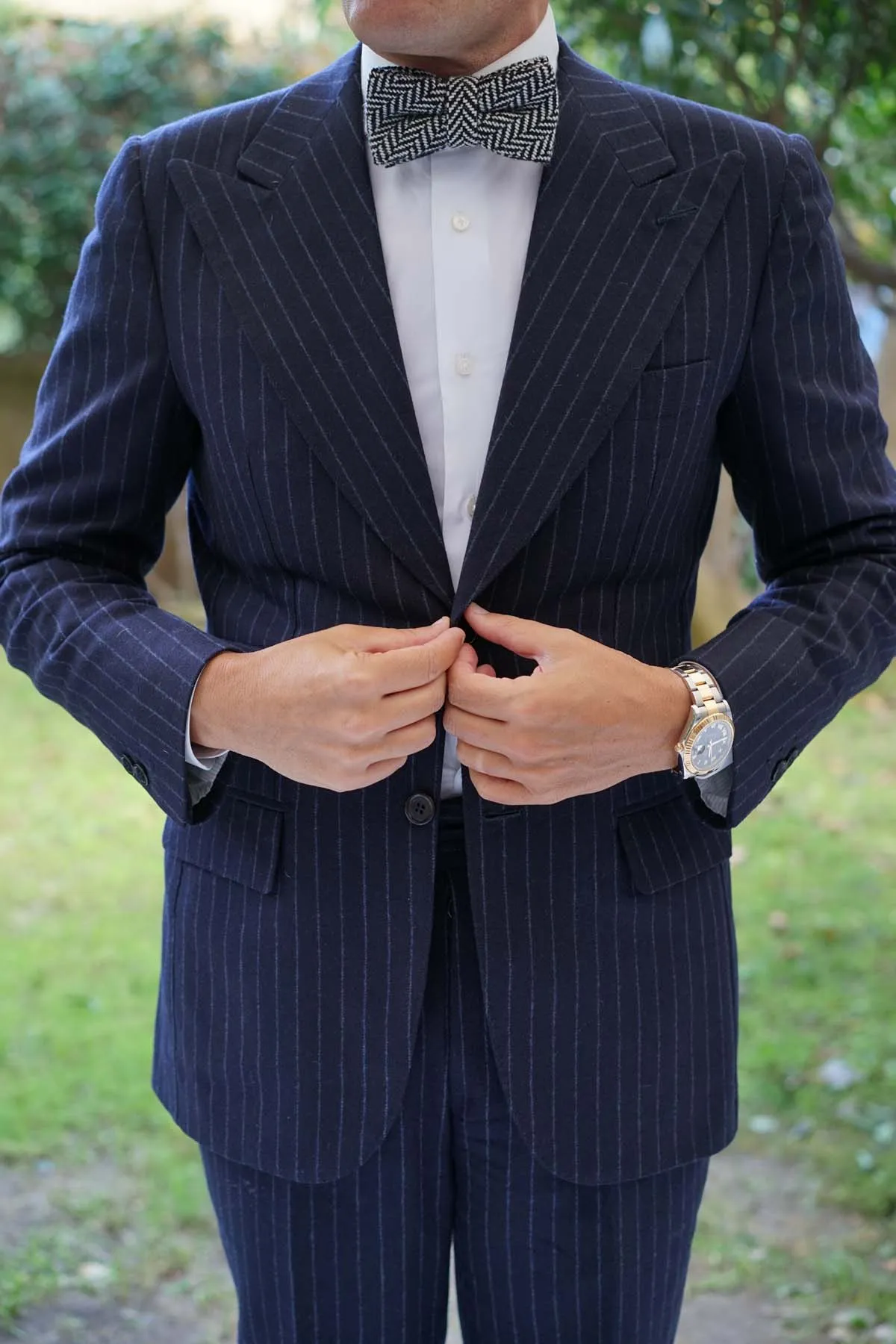 Black Chevron Wool Bow Tie