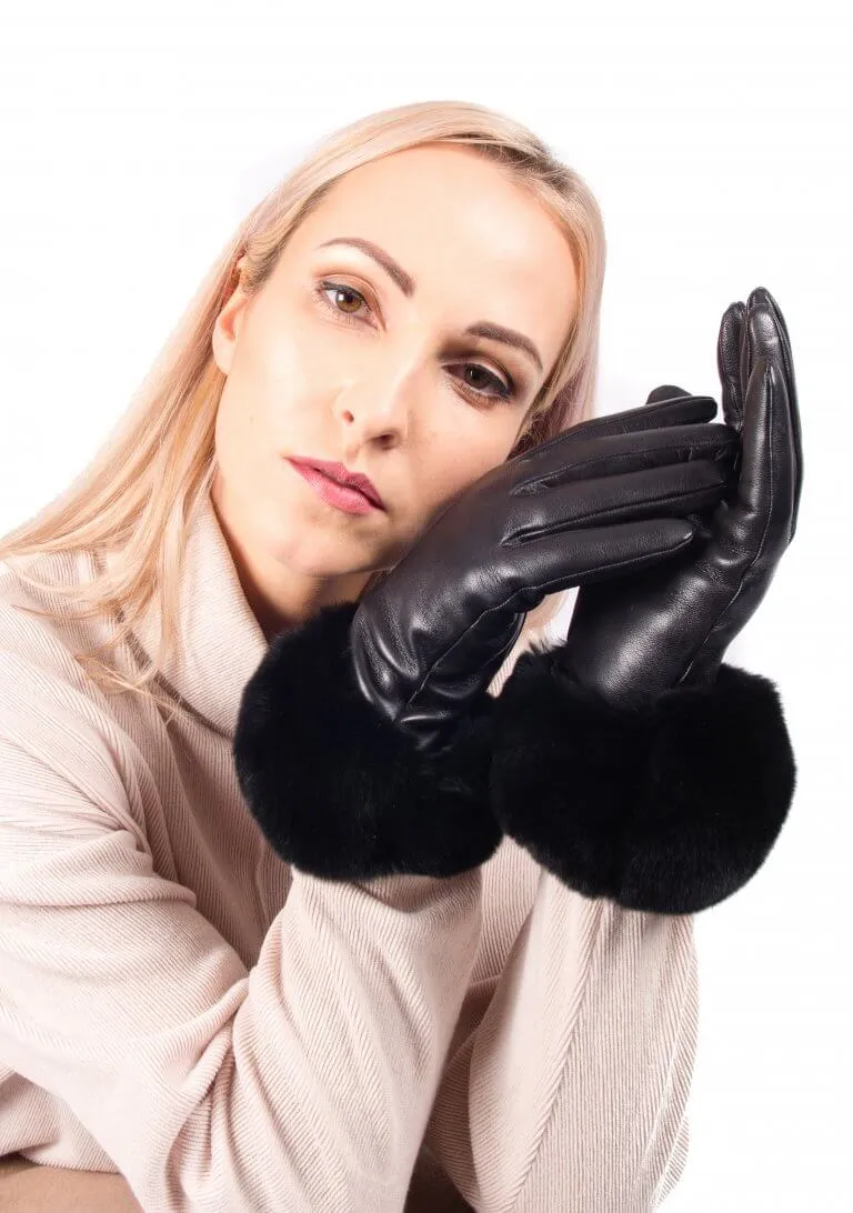 Black Chinchilla Fur Trim Gloves