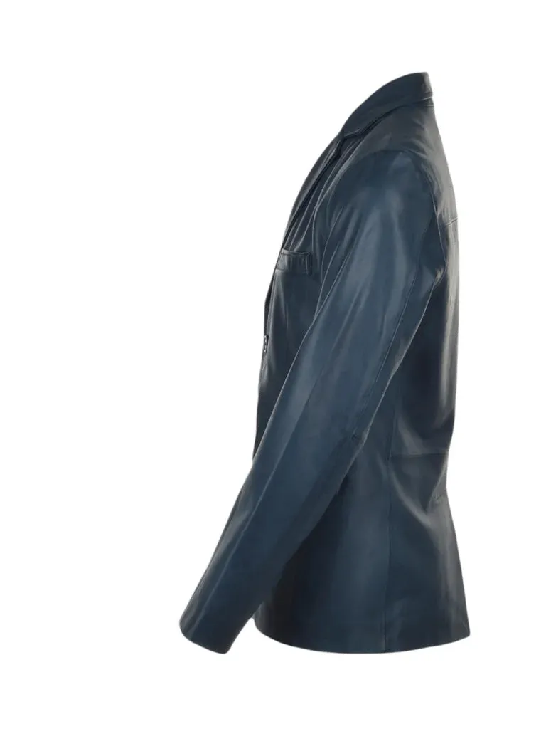 Blue Lapel Style Genuine Leather Blazer