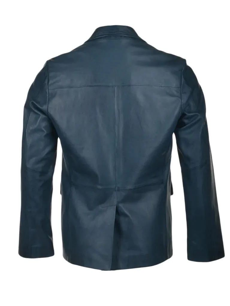 Blue Lapel Style Genuine Leather Blazer