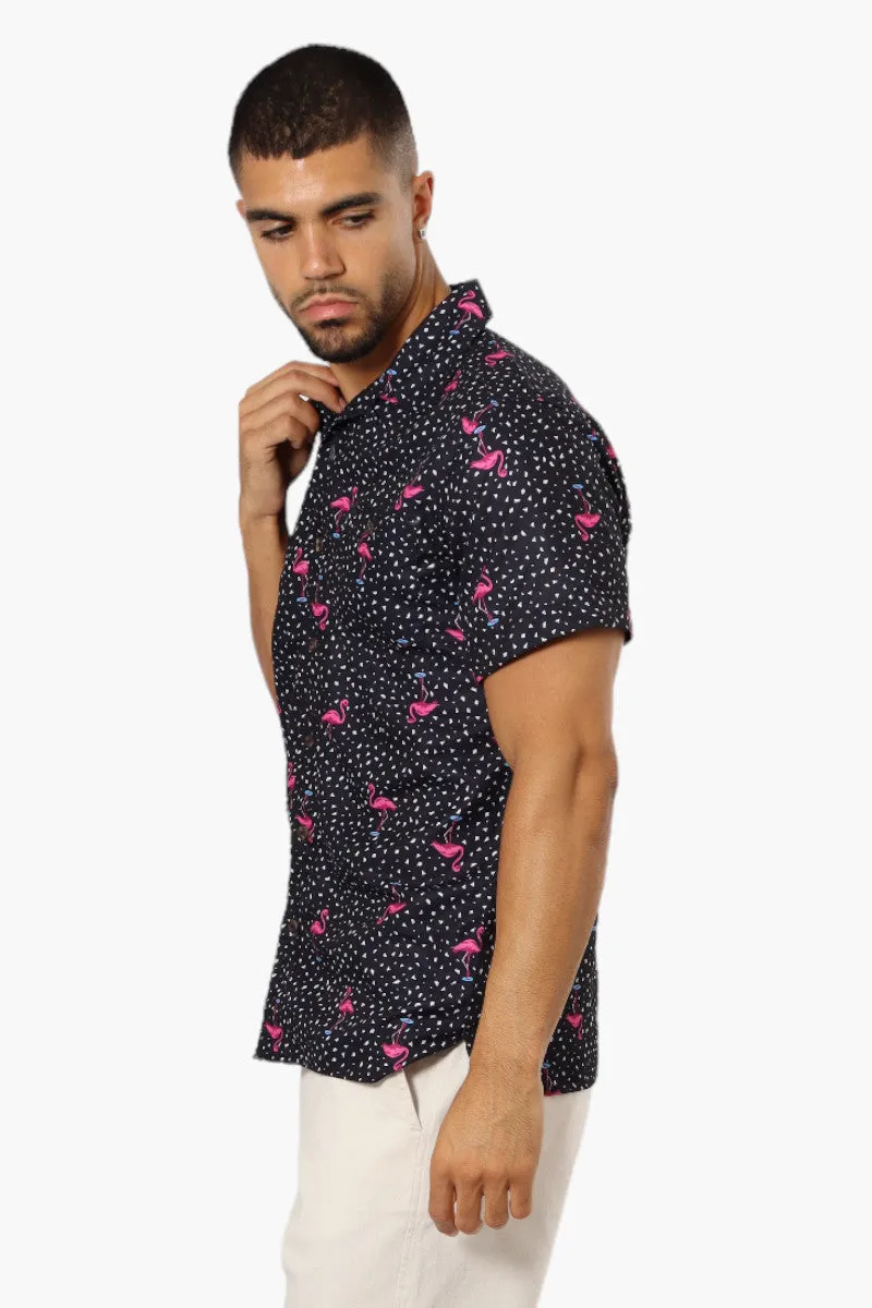 Boardsports Flamingo Pattern Button Up Casual Shirt - Black