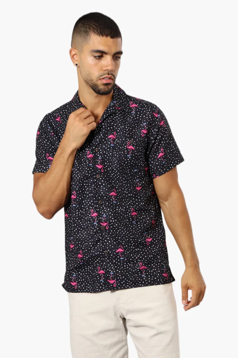 Boardsports Flamingo Pattern Button Up Casual Shirt - Black