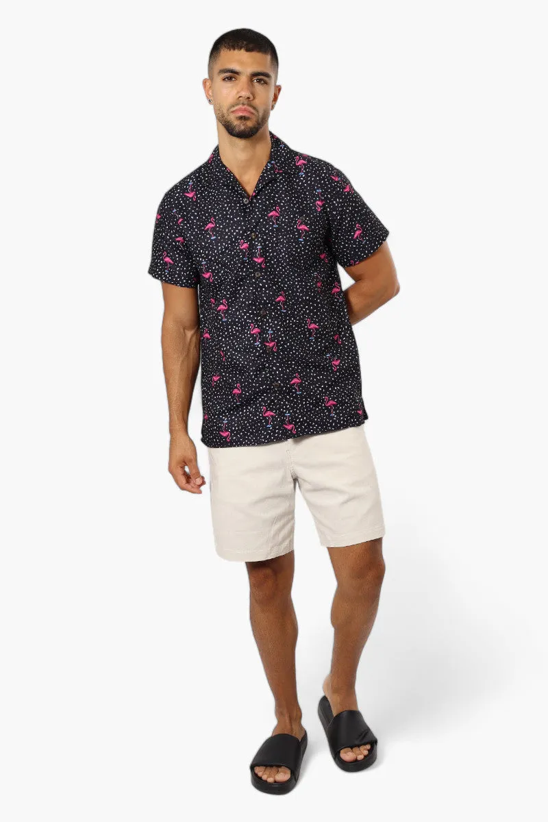 Boardsports Flamingo Pattern Button Up Casual Shirt - Black