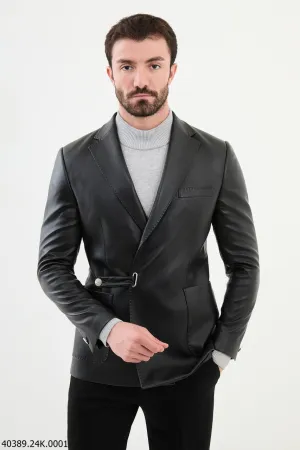 Bojoni Belmonte Slim Fit Black Leather Blazer