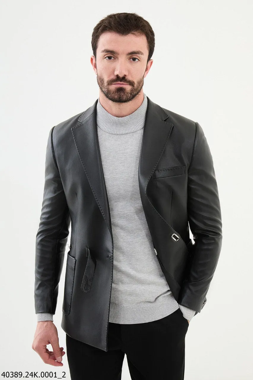 Bojoni Belmonte Slim Fit Black Leather Blazer