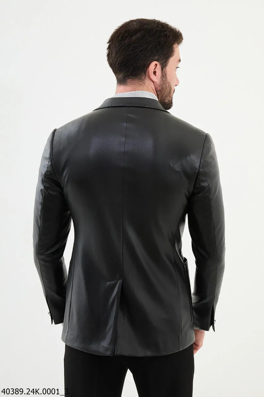 Bojoni Belmonte Slim Fit Black Leather Blazer