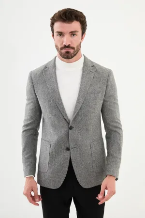 Bojoni Capena Patterned Slim Fit Mono Collar Classic Gray Wool Blazer