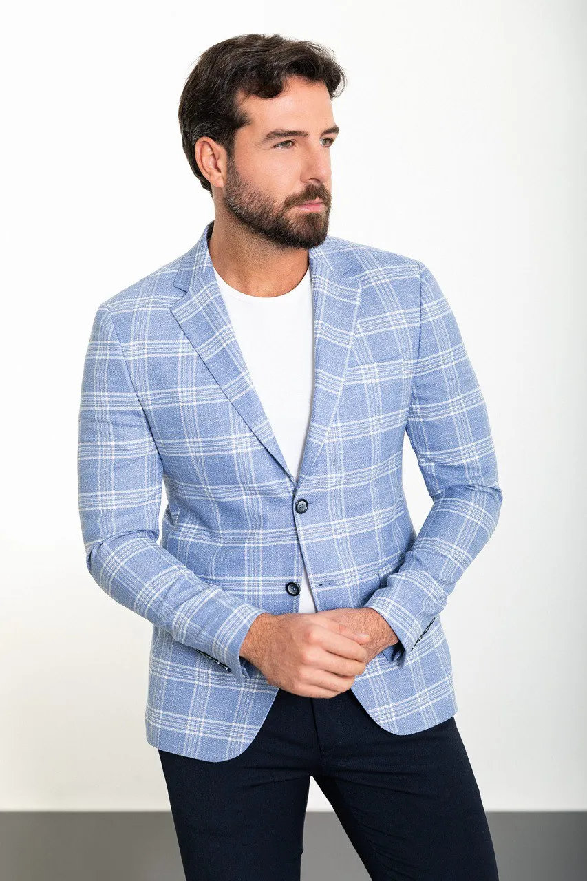 Bojoni Torretta Slim Fit Ice Blue Plaid Blazer