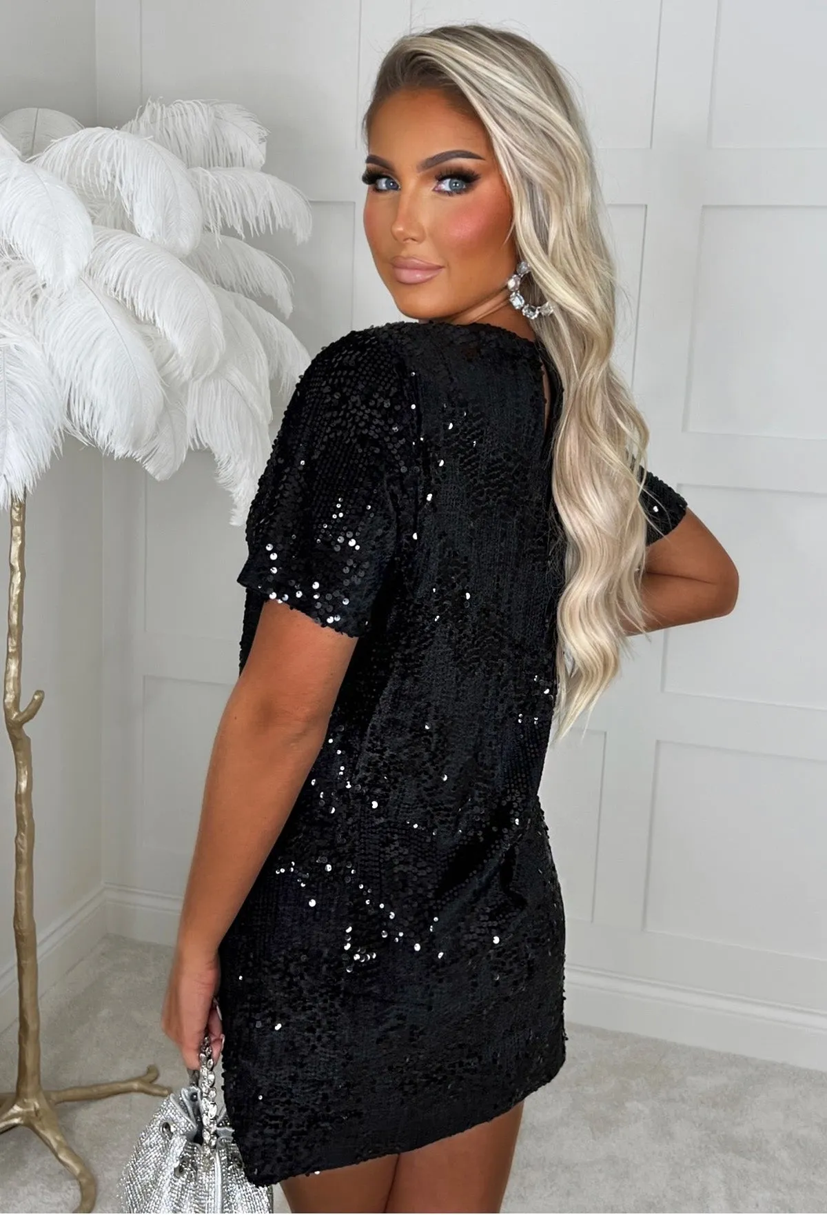 Bring The Glam Black Short Sleeve Sequin Shift T-Shirt Mini Dress