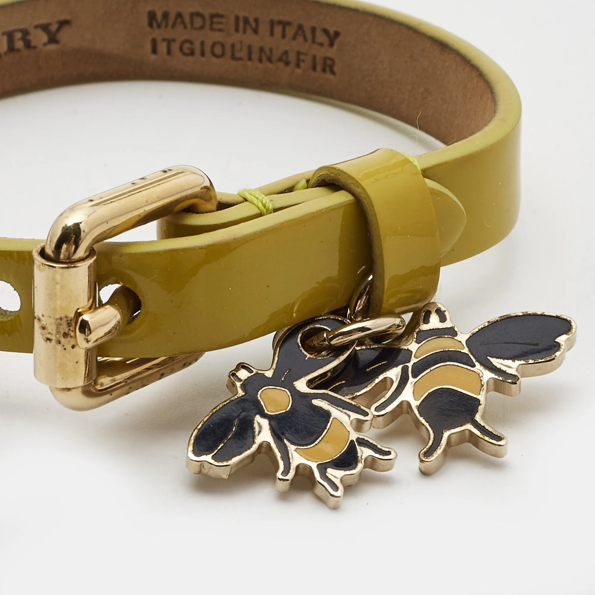 BURBERRY Leather Bee Charm Gold Tone Bracelet