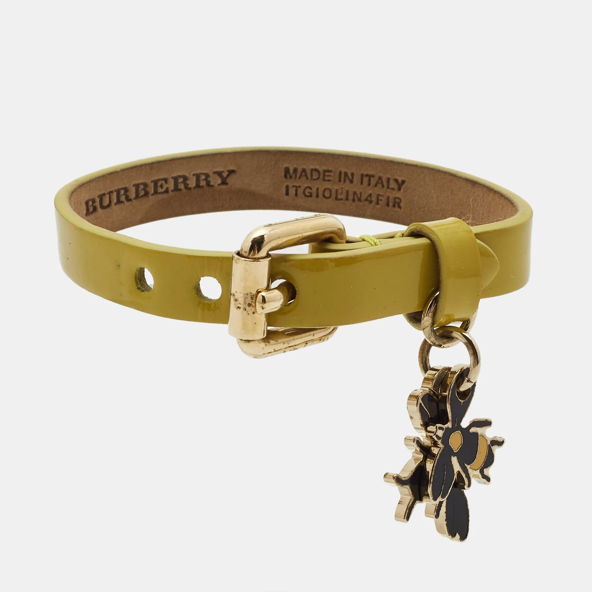 BURBERRY Leather Bee Charm Gold Tone Bracelet