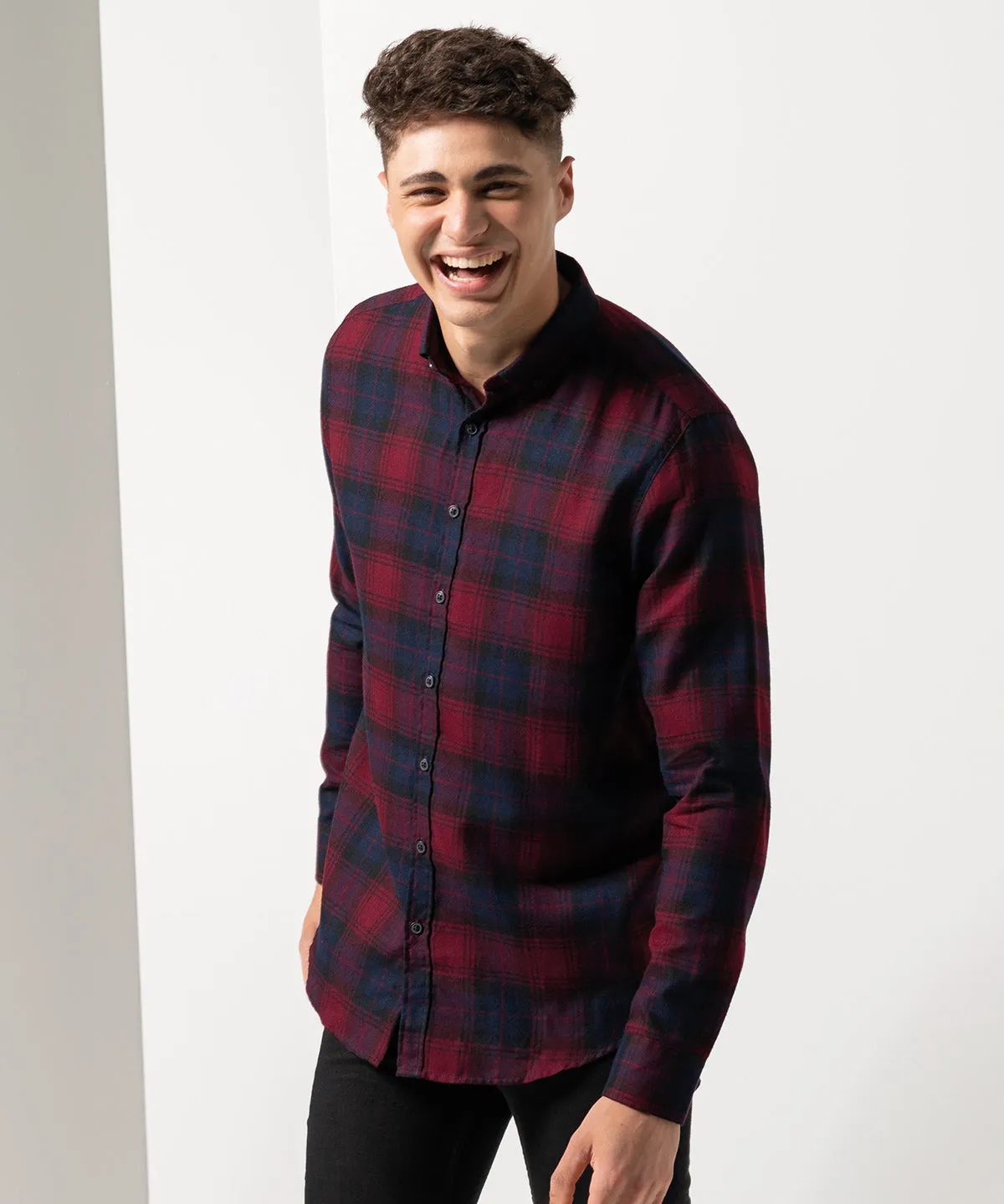 Burgundy Check - Brushed check casual shirt with button-down collar