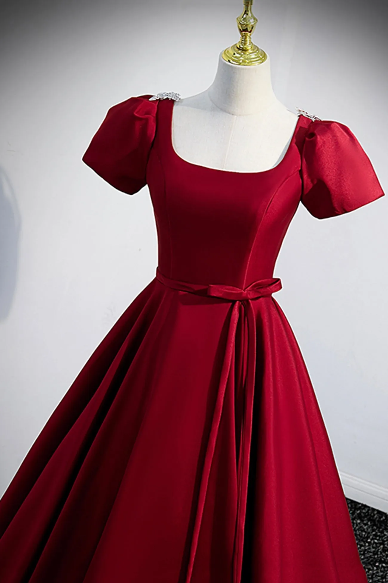 Burgundy Scoop Neckline Satin Long Prom Dress, Short Sleeve Evening Dress