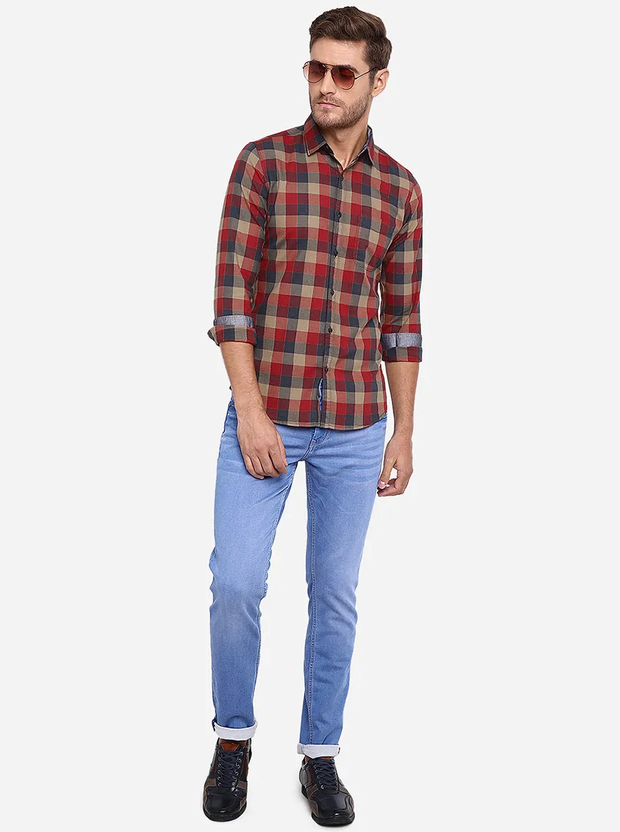 Burn Red Checked Slim Fit Casual Shirt | JadeBlue