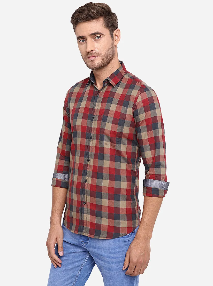 Burn Red Checked Slim Fit Casual Shirt | JadeBlue