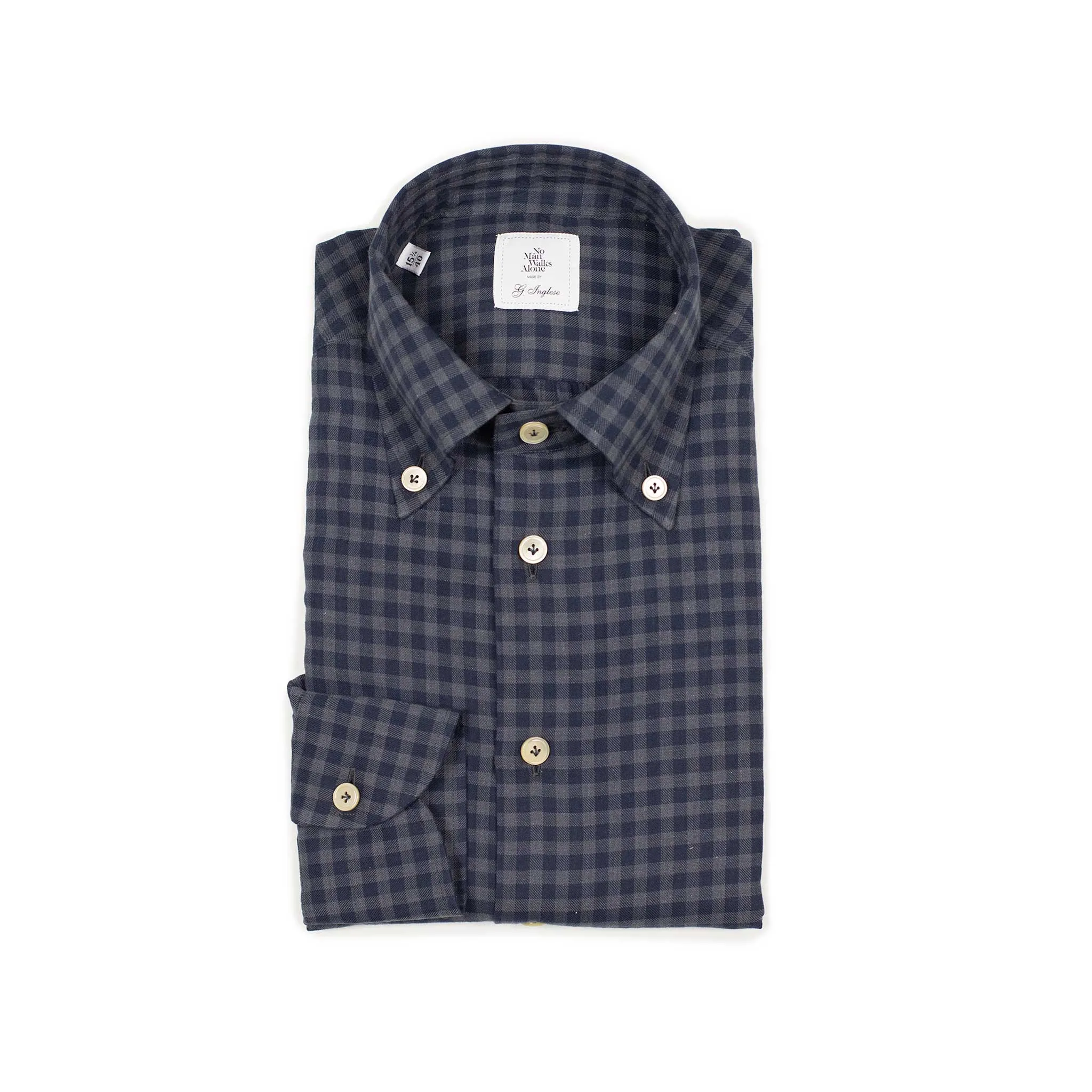 Buttoned collar shirt in navy and grey gingham cotton