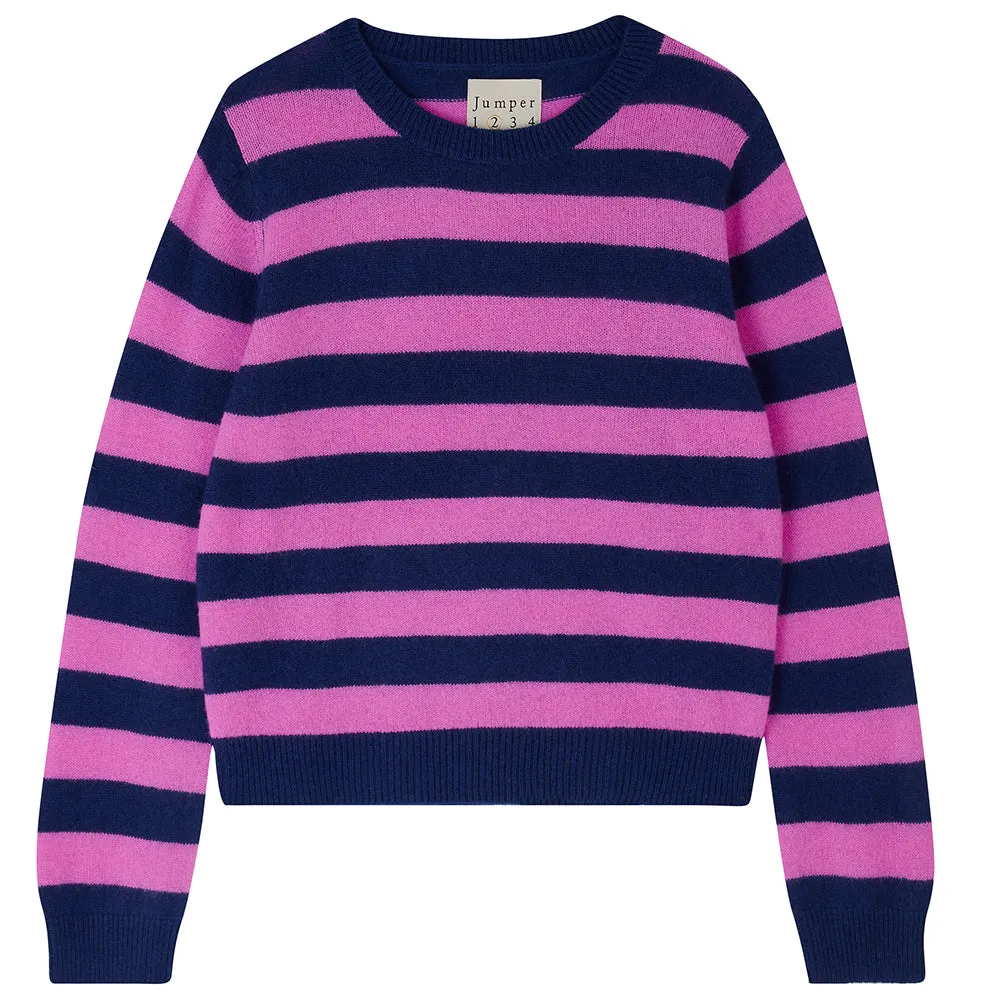 Cashmere Stripe Crew in Denim and Peony