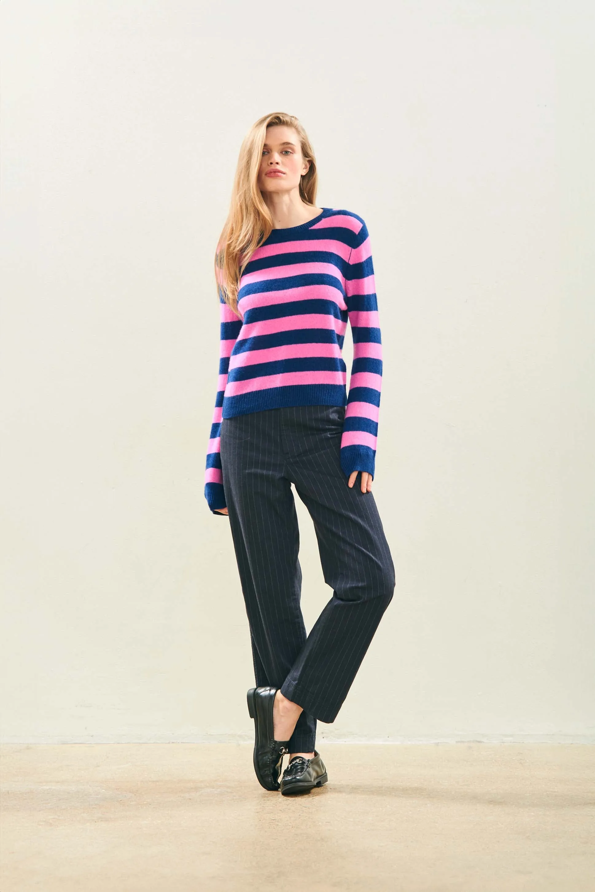 Cashmere Stripe Crew in Denim and Peony