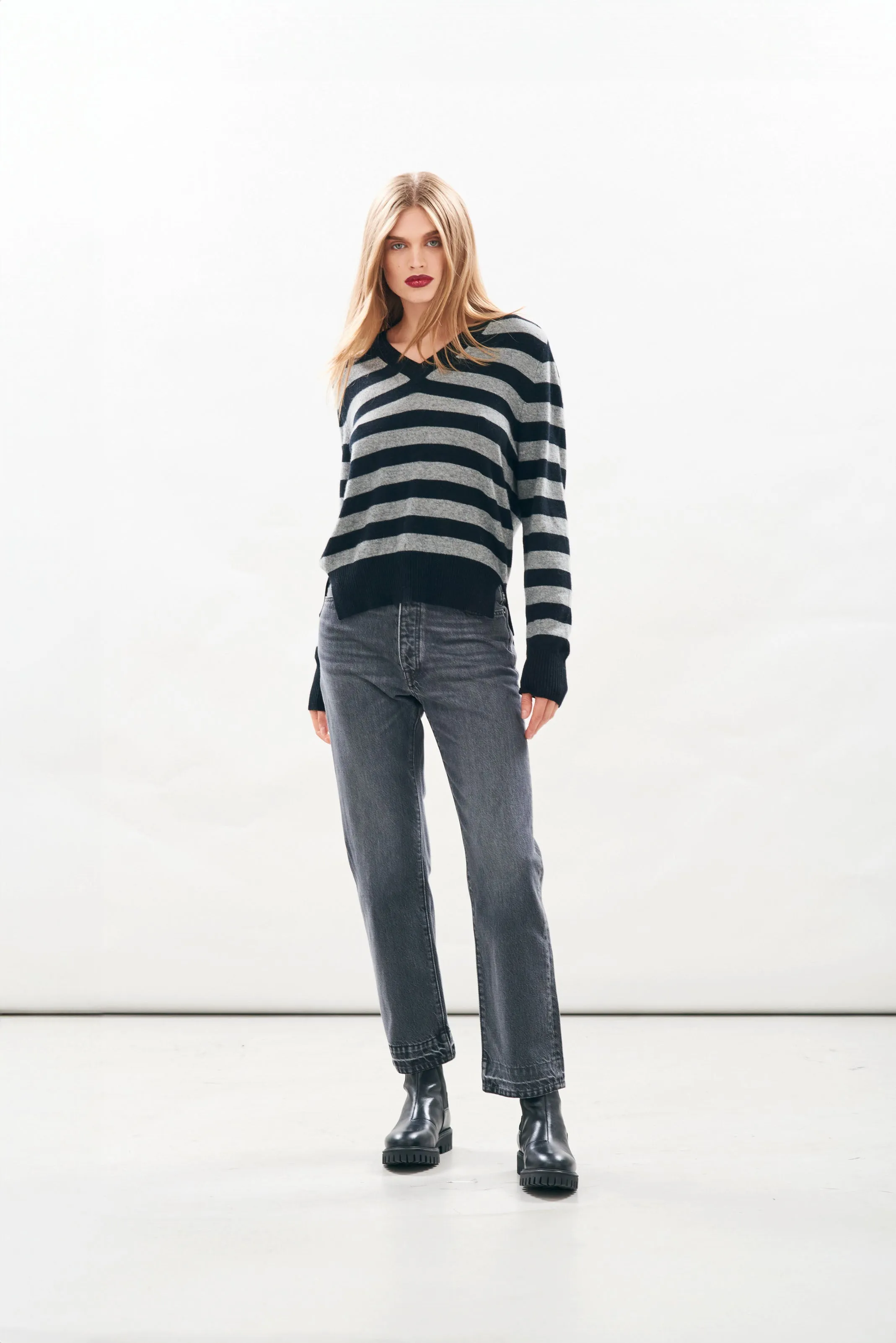 Cashmere Stripe Vee Neck in Black and Mid Grey