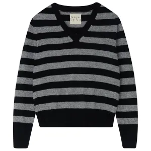 Cashmere Stripe Vee Neck in Black and Mid Grey