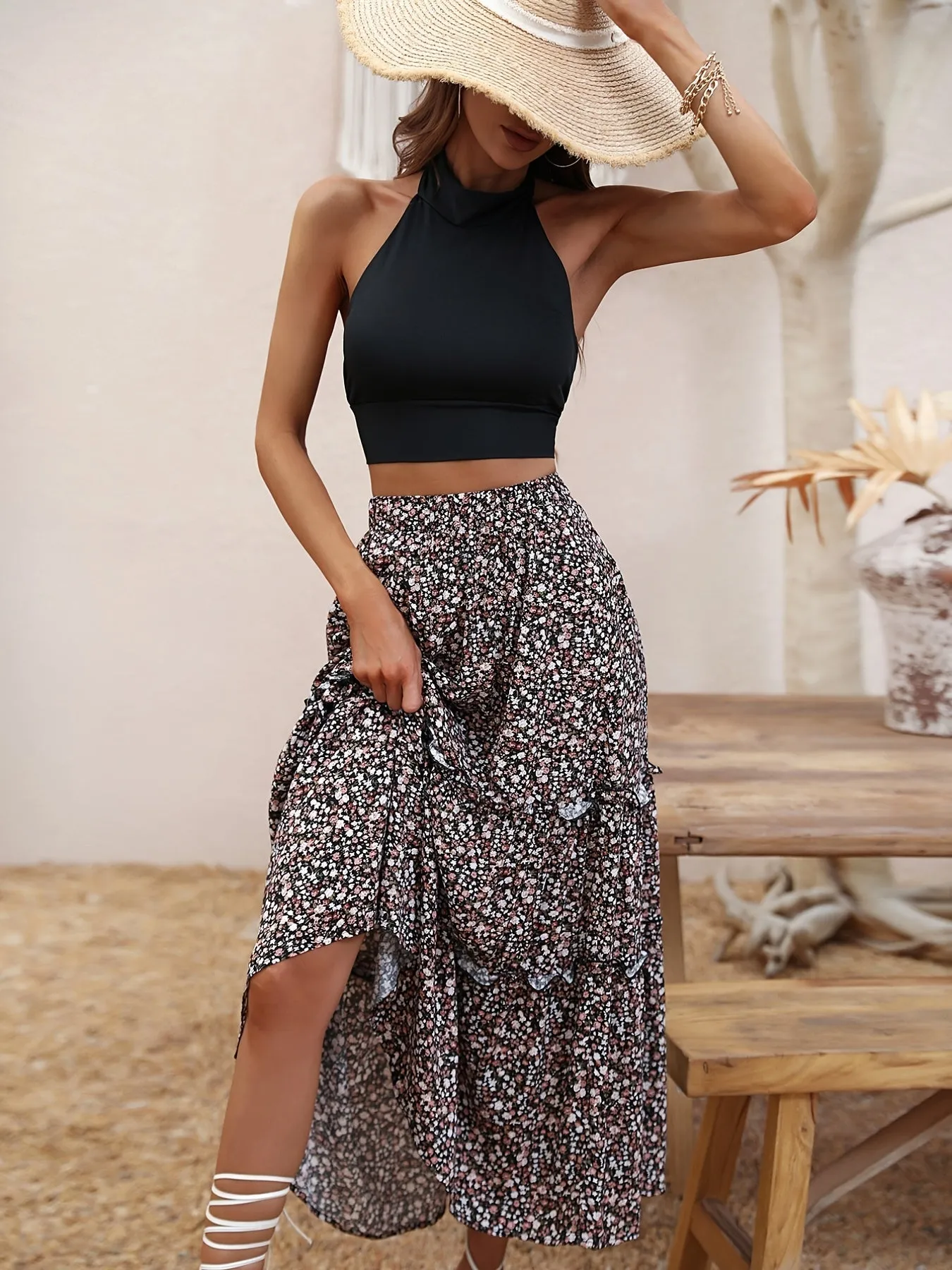 Casual Flowy Swing A Line High Waist Floral Print Fashion Skirts