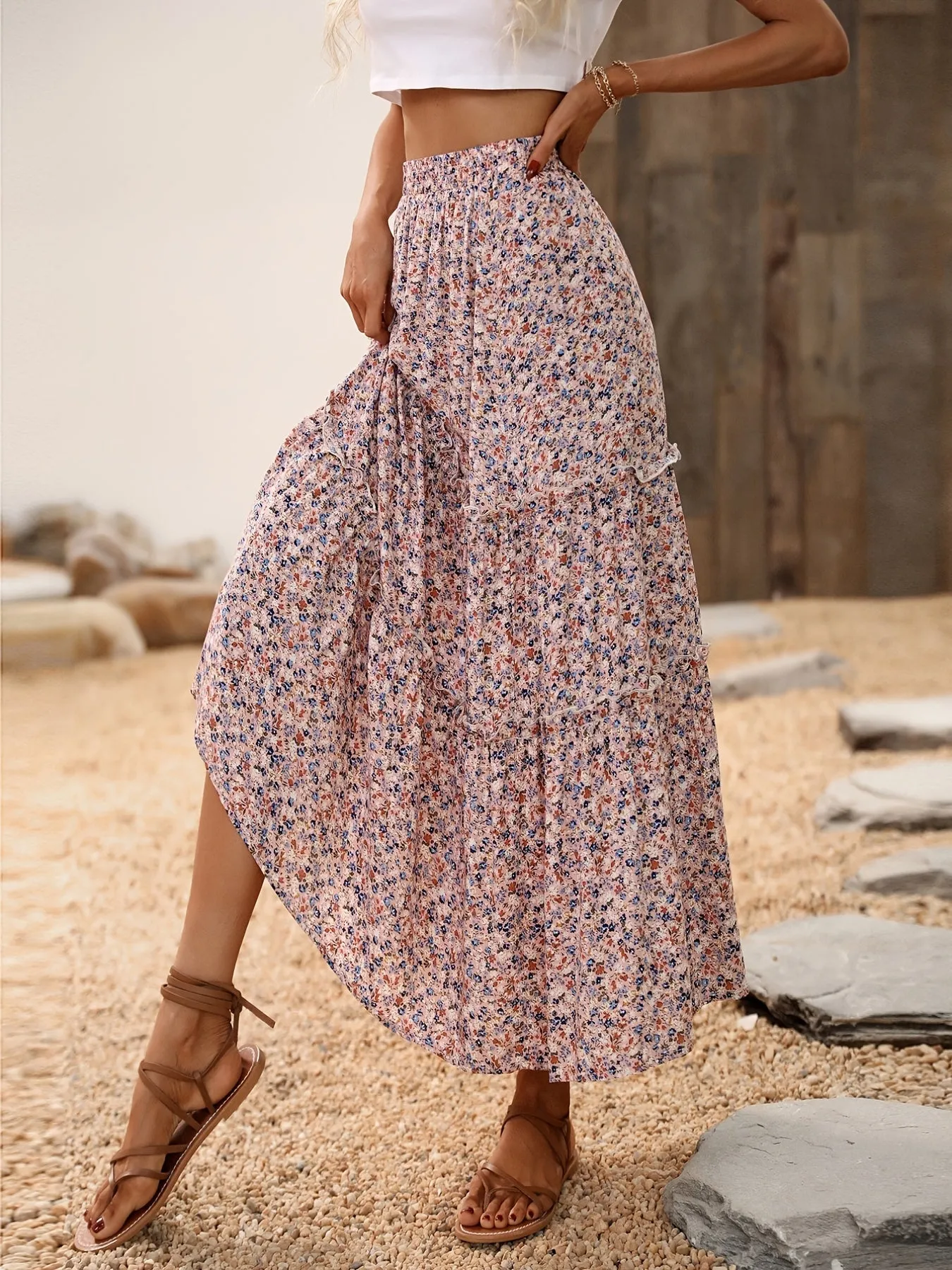 Casual Flowy Swing A Line High Waist Floral Print Fashion Skirts