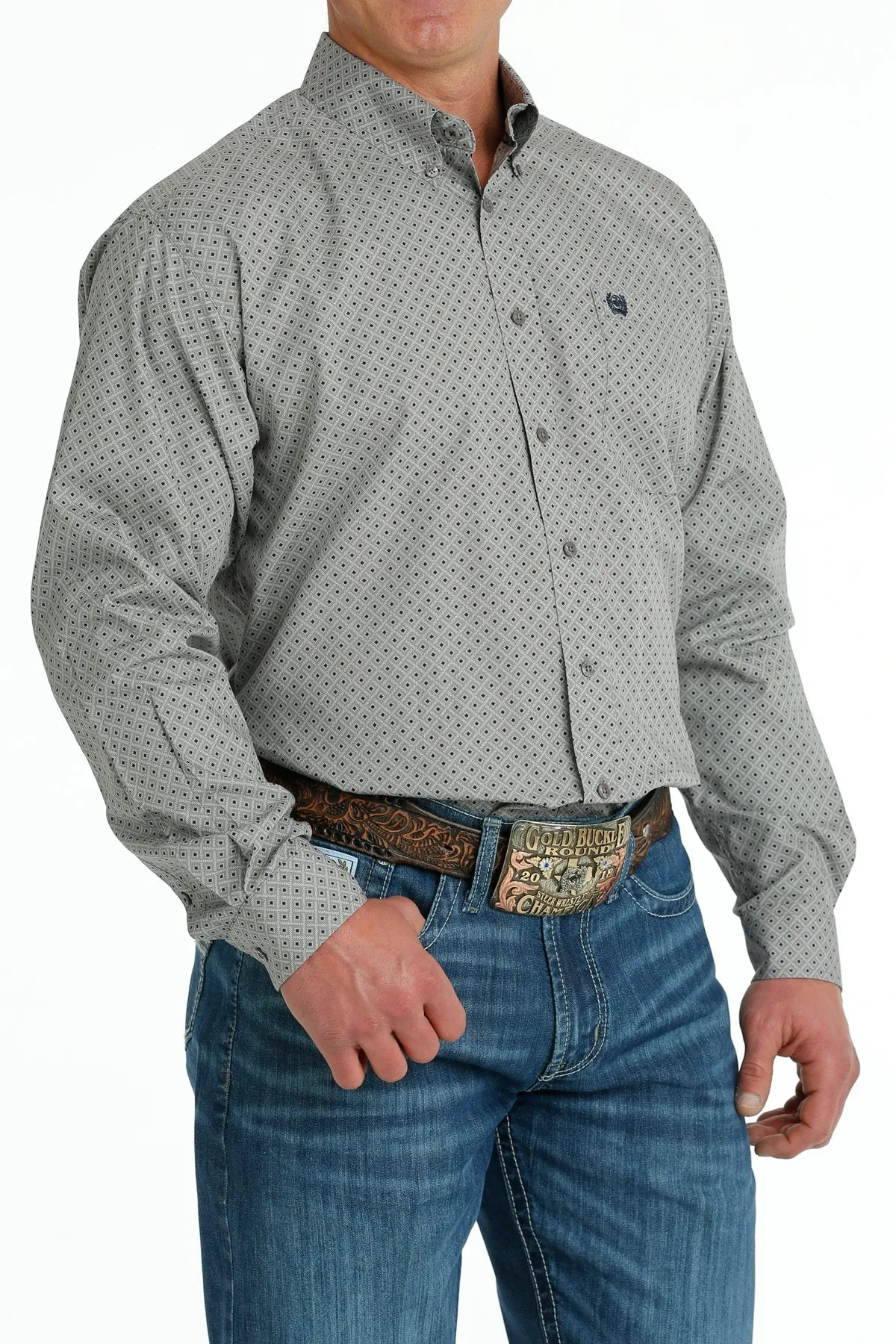 Cinch Geometric Print Button Down Western Shirt - Gray/Navy