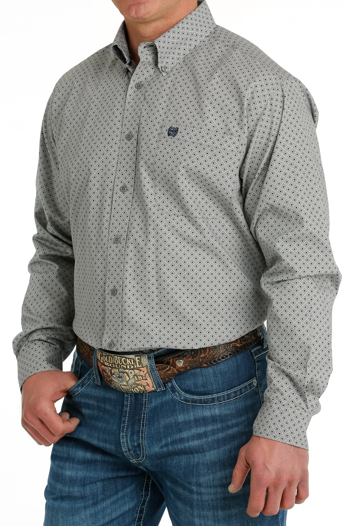 Cinch Geometric Print Button Down Western Shirt - Gray/Navy