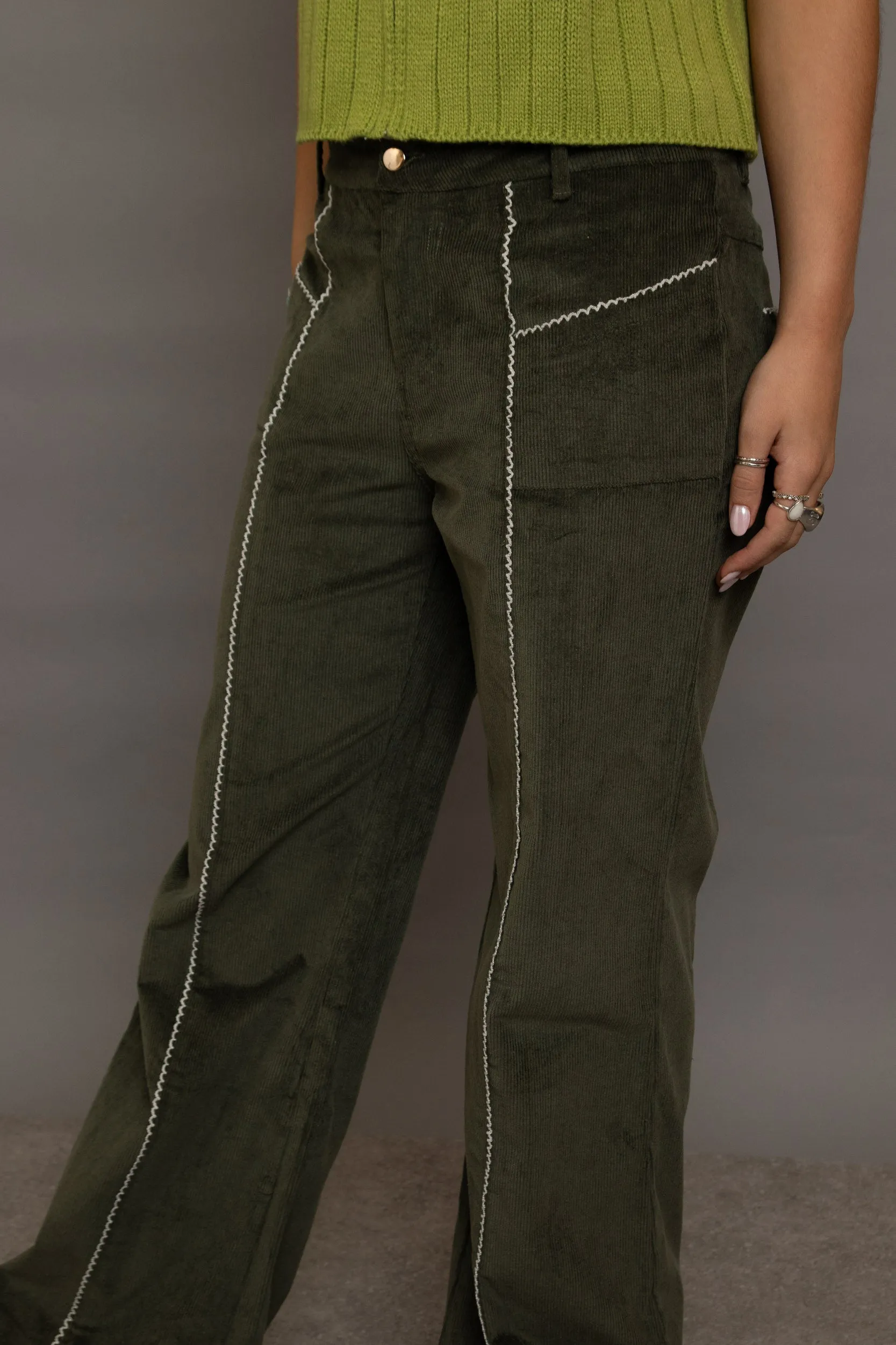 Daisy Street - Contrast Stitch Corduroy Olive Trousers