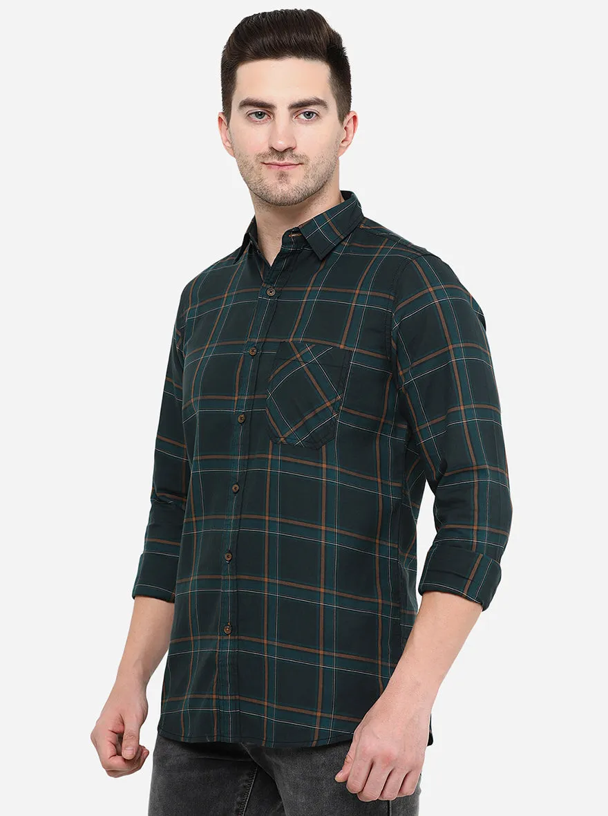 Dark Green Checked Slim Fit Semi Casual Shirt | JadeBlue