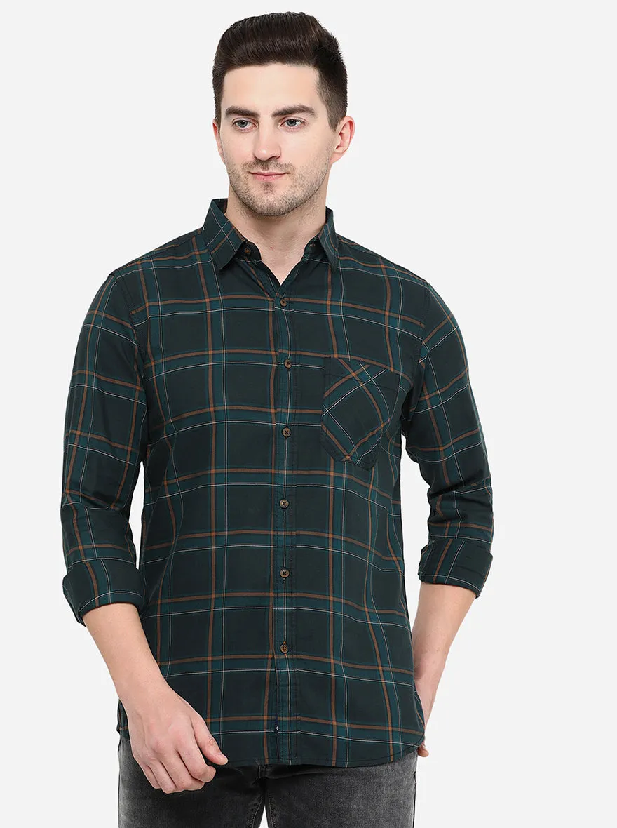 Dark Green Checked Slim Fit Semi Casual Shirt | JadeBlue