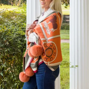 Equestrian Cashmere Wrap with Fox Fur Pom Poms