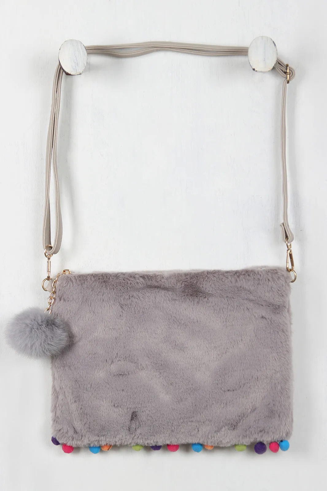 Furry Pom Pom Cross Body Pouch